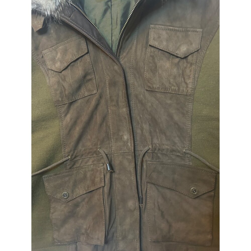 Cotton canvas field jacket w/ faux fur collar HIDDEN rain hoodie Eddie BAUER XL - Picture 6 of 16